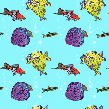 Dwarf pencilfish (Nannostomus marginatus), "Showa" Swordtail, Pufferfish and Leopard Snakeskin Discus, seamless pattern design, hand drawn doodle, sketch in pop art style, color illustration