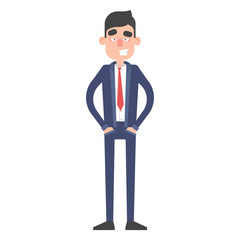 Successful businessman keeps hands in pockets. Office worker character in suit