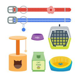 Colorful cat accessory cute vector animal icons pet equipment food domestic feline illustration.