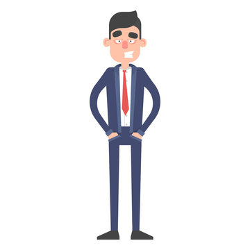 Successful businessman keeps hands in pockets. Office worker character in suit