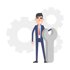 Businessman stand about wrench and gears. Office worker character in suit