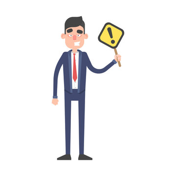 Businessman stand and hold exclamation sign. Office worker character in suit