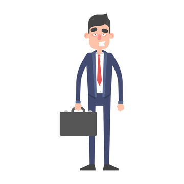 Businessman stand with briefcase. Office worker character in suit
