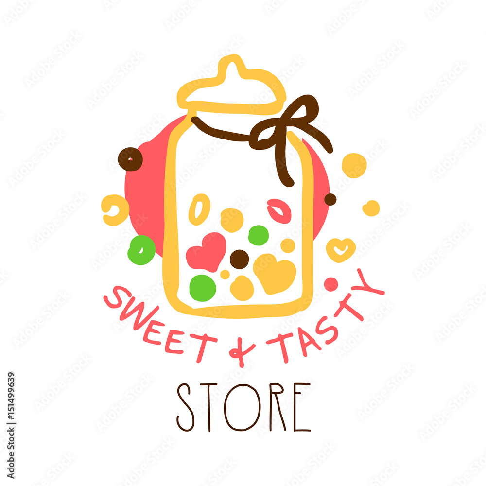 Sticker sweet and tasty store logo. colorful hand drawn label