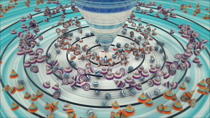 Abstract background with balls, cones, 3D rendering, stretched pixels texture