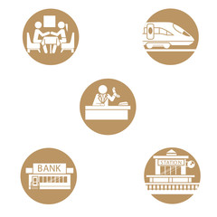 Set of icons train theme. Cafe restaurant at train, station, train, operator, bank.