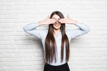 Portrait of charming woman cover eyes