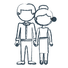 blurred blue contour faceless couple woman with collected hair and man with bowtie and taken hands