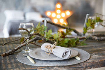Table setting in vintage rustic  style, brown and gray colors