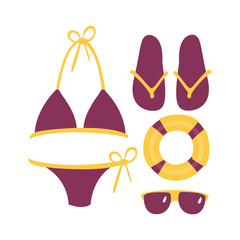 Purple swimsuit with beach accessories. Beach and tropical vacation. Colorful cartoon Illustration
