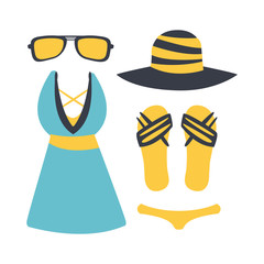 Swimsuit with beach accessories. Beach and tropical vacation. Colorful cartoon Illustration