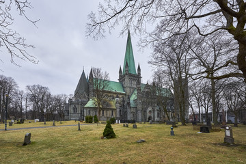 Fototapeta na wymiar Facade of the Nidaros cathedral in Trondheim, Norway