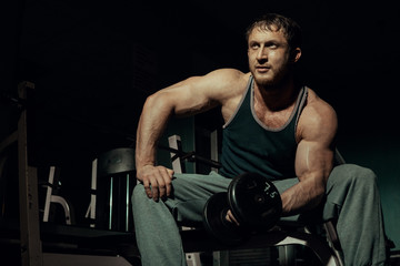 Naklejka na ściany i meble Young athlete jumping, posing with dumbbells in the gym showing a pumped bicep. Bodybuilder