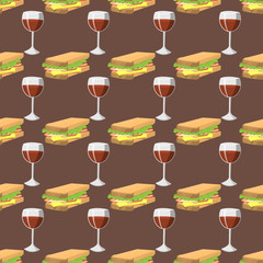 Sandwiches with wine glass seamless pattern healthy fast breakfast delicious dinner vector illustration.