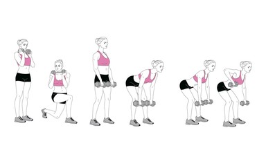 The girl is doing sports exercises with dumbbells. Sequence of movements
