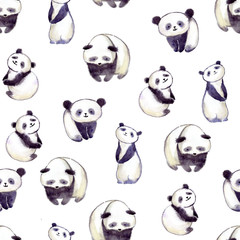 Watercolor panda bears. Seamless pattern.