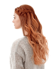 Young woman with beautiful hairstyle on white background