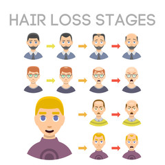 Information chart of hair loss stages types of baldness illustrated on male head vector.