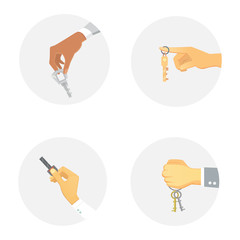 Hands holding key apartment selling human gesture sign security house concept vector illustration.