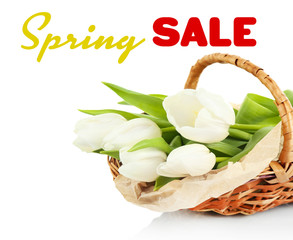 Basket filled with white tulips isolated on white