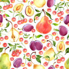 Seamless watercolor pattern with pear, plum and cherry on white background