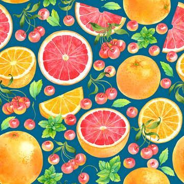 Seamless watercolor pattern with orange, grapefruit, cherry and mint on dark blue background