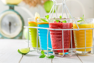 Yummy cocktail with fruity yogurt on white table