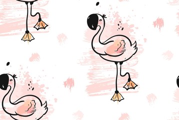 Hand drawn vector abstract creative unusual tropical cute seamless pattern with pink flamingo in pastel colors isolated on white background.Wedding,birthday,save the date,fashion fabric,decoration