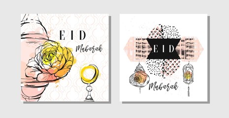 Fototapeta na wymiar Hand made vector abstract freehand textured islamic cards set template with Eid Mubarak calligraphy quote,moon,stars,flowers,latern and freehand textures in pastel colors isolated on white background
