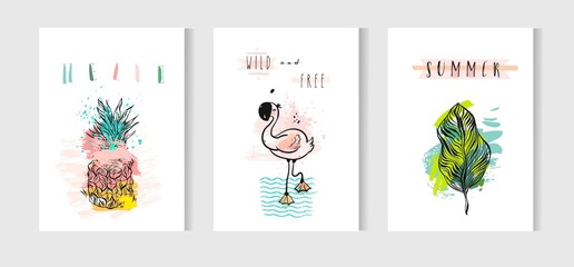 Hand drawn vector abstract summer time cards set with pink flamingo,tropical palm leaves,pineapple and funny quotes isolated on white background.Hipster wedding,birthday,decoration,save the date,logo.