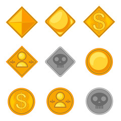 Set of game themed different coins
