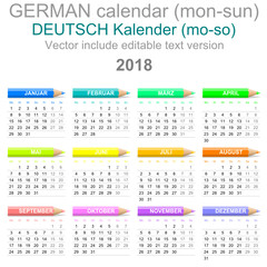 2018 Crayons Calendar German Version Monday to Sunday