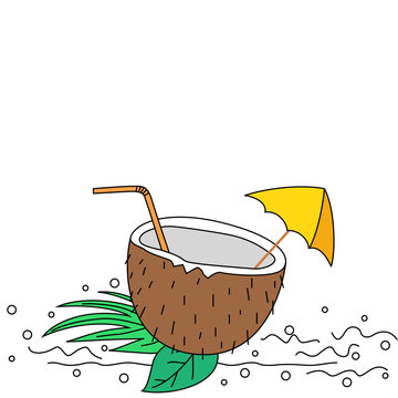 Summer themed illustration of doodel style coconut drink