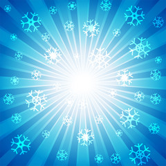 Fototapeta na wymiar Blue burst with many white snowflake for abstract vector design background concept