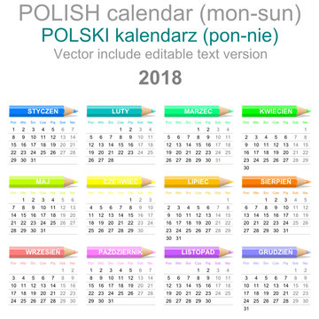 2018 Crayons Calendar Polish Version Monday to Sunday