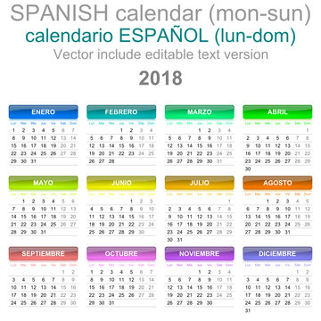2018 Calendar Spanish Language Version Monday to Sunday
