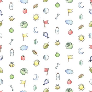 Baby Seamless Hand Drawn Pattern. Funny doodles elements hand drawn with colored pencils. Stars, clouds, flags, leaves, suns, moons, flowers, bees, apples, bottles, fishes, cabbage, bones and balls.