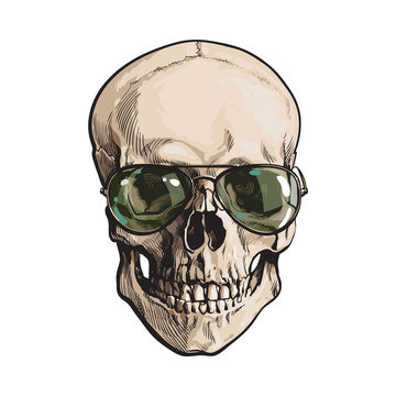 Hand drawn human skull wearing green aviator sunglasses, sketch style vector illustration isolated on white background. Realistic hand drawing of skull wearing sunglasses