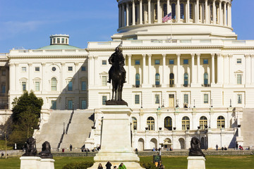 View of the central sculpture of General Grant at Ulysses S. Grant Memorial with the western facde of the U.S Capitol behind, Union Square, Capitol Hill, Washington DC