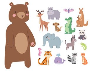 Fototapeta premium Cute zoo cartoon animals isolated funny wildlife learn cute language and tropical nature safari mammal jungle tall characters vector illustration.