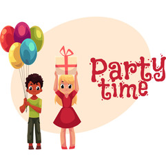 Black boy with bunch of balloons and blond girl holding birthday gift, cartoon style invitation, banner, poster, greeting card design. Party invitation, advertisement, Two kids, boy and girl