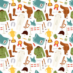 Flat color jockey icons set with equipment seamless pattern vector