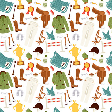 Flat color jockey icons set with equipment seamless pattern vector