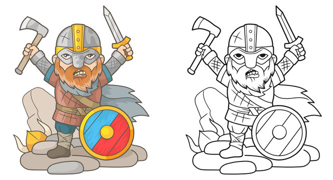 Cartoon viking with weapons in hands
