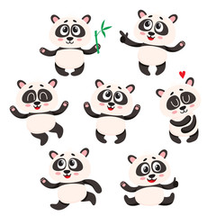Set of cute smiling baby panda characters - smiling, dancing, jumping, cartoon vector illustration isolated on white background. Cute and fanny panda bear character, mascot collection