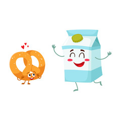 Hot crispy German pretzel and milk box characters, best breakfast combination, cartoon vector illustration isolated on a white background. Crispy pretzel and milk box characters with smiling faces