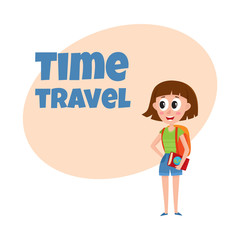 Travel time poster, banner, postcard design with pretty woman, tourist with backpack and guide on vacation tour, cartoon vector illustration. Full length portrait of young woman, girl tourist