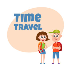 Travel time poster, banner, postcard design with tourist couple, cartoon vector illustration on white background. Travel agency, tour ad design template with cartoon, comic tourist, man and woman