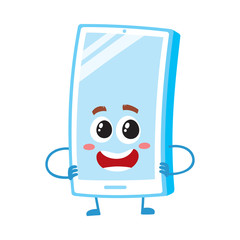 Funny cartoon mobile phone, smartphone character with shiny screen standing arms akimbo, vector illustration isolated on white background. Funny cartoon mobile phone, smartphone character arms akimbo