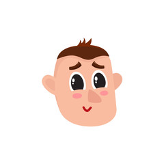 Fototapeta premium Male head with smiling, greening face, rosy cheeks, big eyes, raised eyebrows, cartoon vector illustration on white background. Funny cartoon male head with shy smiling face expression